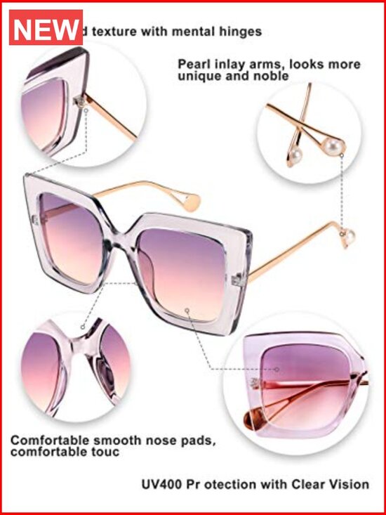 Oversized Square Cat Eye Sunglasses Pearl Inlay UV400 Protection